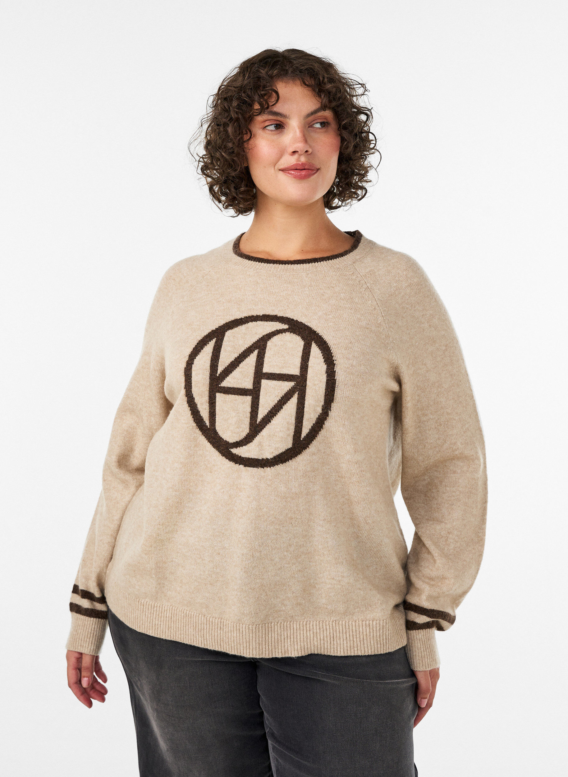ZizziGenser med logo og kontraststriper, Beige, Model image number 0