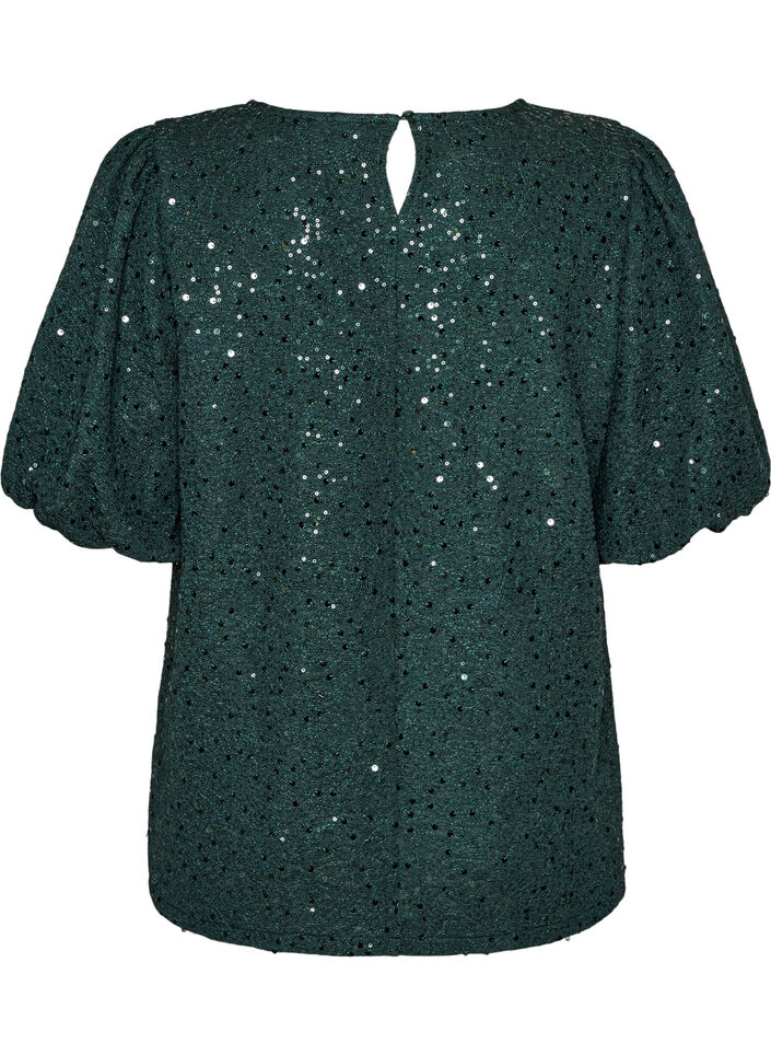 Paljettbluse med ballongermer, Gr&oslash;nn, Packshot image number 1