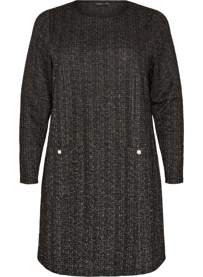 Kort kjole med boucl&eacute; tekstur og glittertr&aring;der, Svart, Packshot image number 0