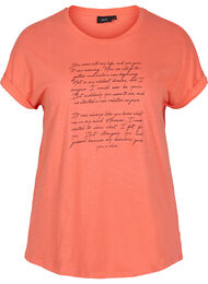 T-skjorte med trykk i økologisk bomull, Living Coral Text