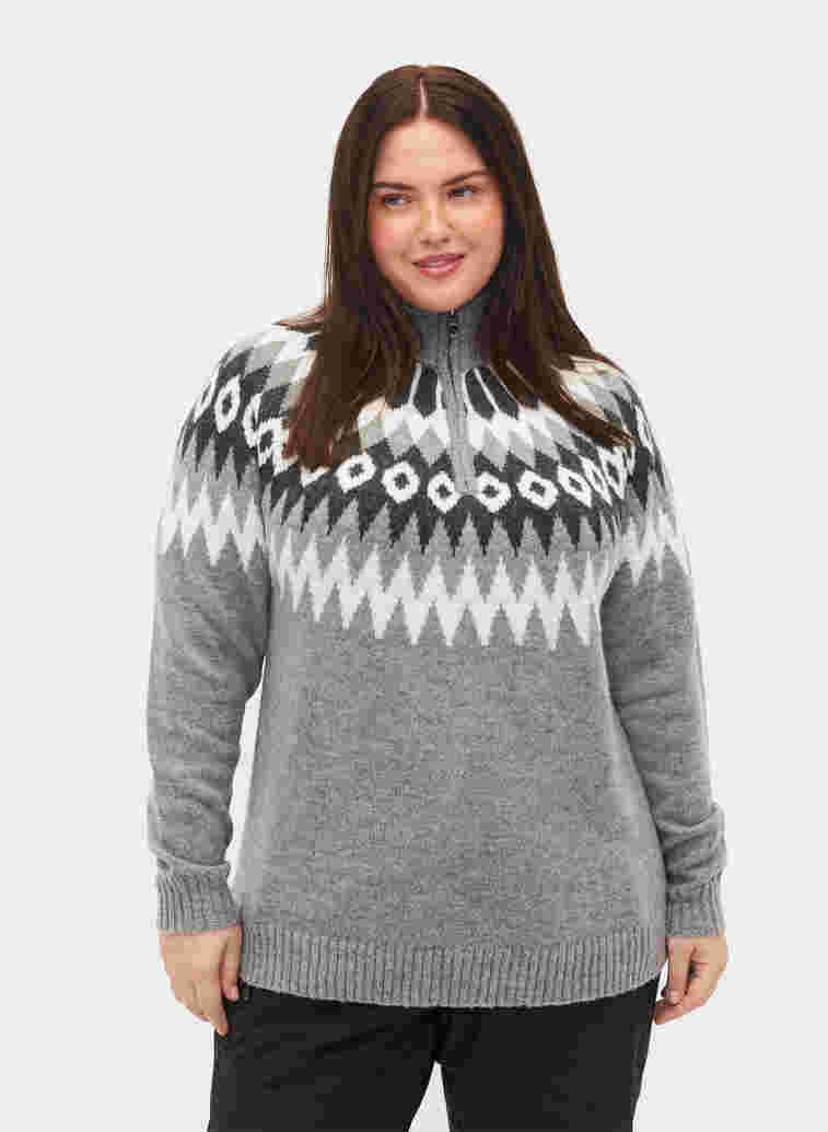 Jacquardmønstrete strikkegenser med høy hals og glidelås, Dark Grey Mel. Comb, Model