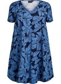 Kort A-linje kjole med blomstertrykk, Blå Kort A-linje kjole med blomstertrykk
