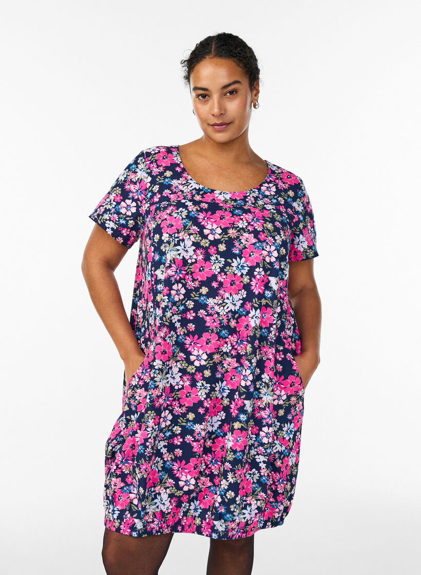 Kortermet bomullskjole med m&oslash;nster, Bl&aring;, Model image number 0