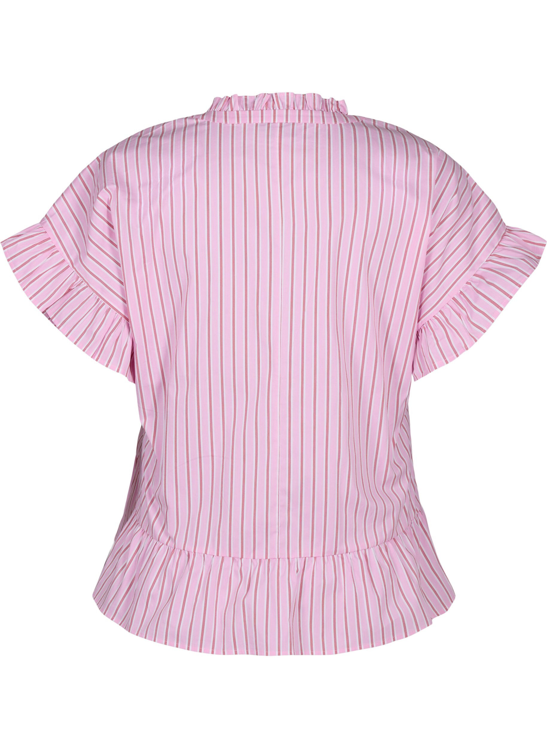 Zizzi Stripete bluse med peplum og volangdetaljer, Pink Red Stripe, Packshot image number 1