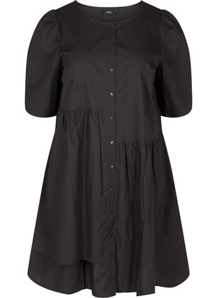 Skjortekjole i bomull med puffermer, Black, Packshot image number 0