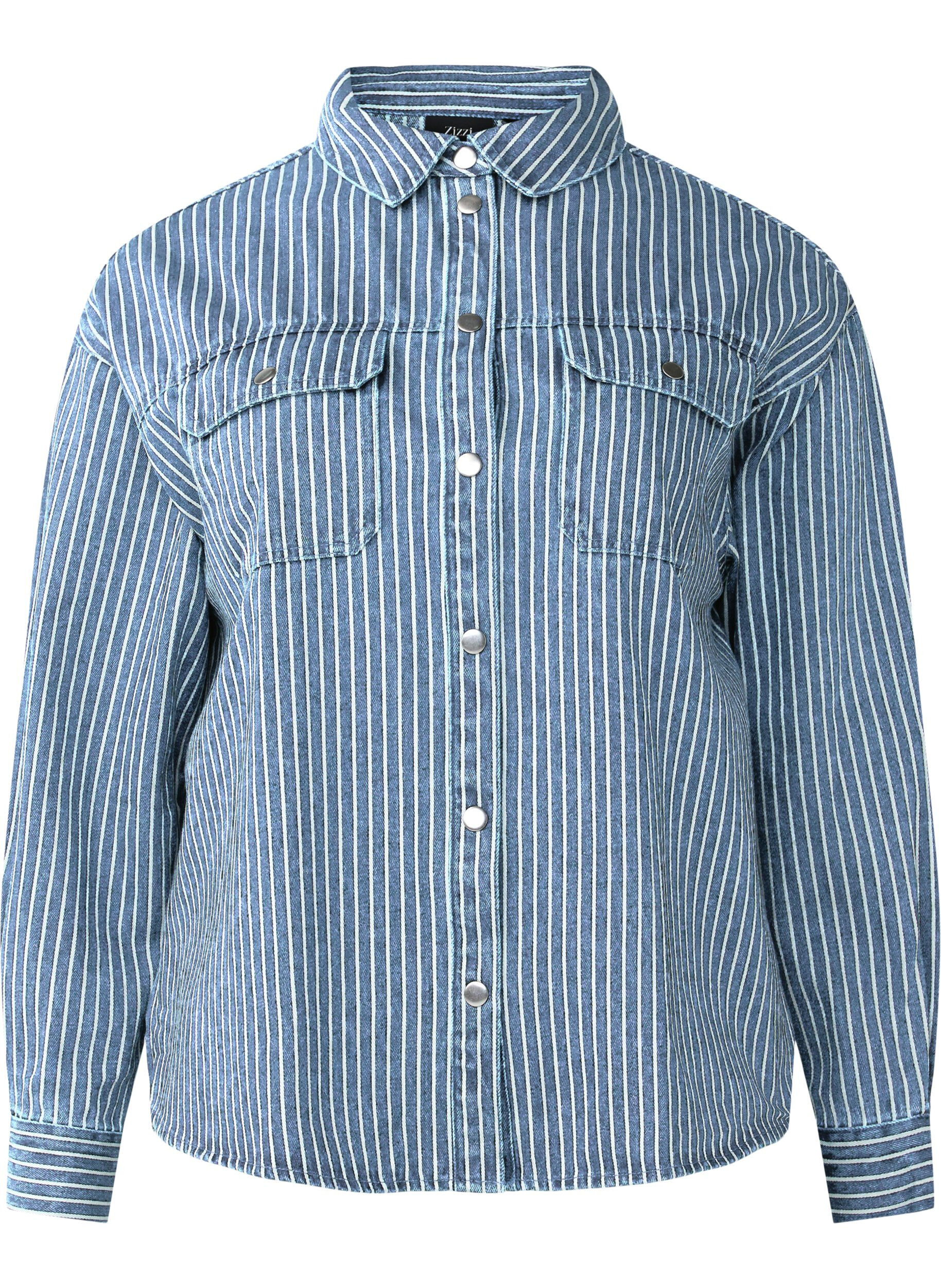 Zizzi Stripete denimskjorte med brystlommer, Light B.Denim Stripe, Packshot image number 0