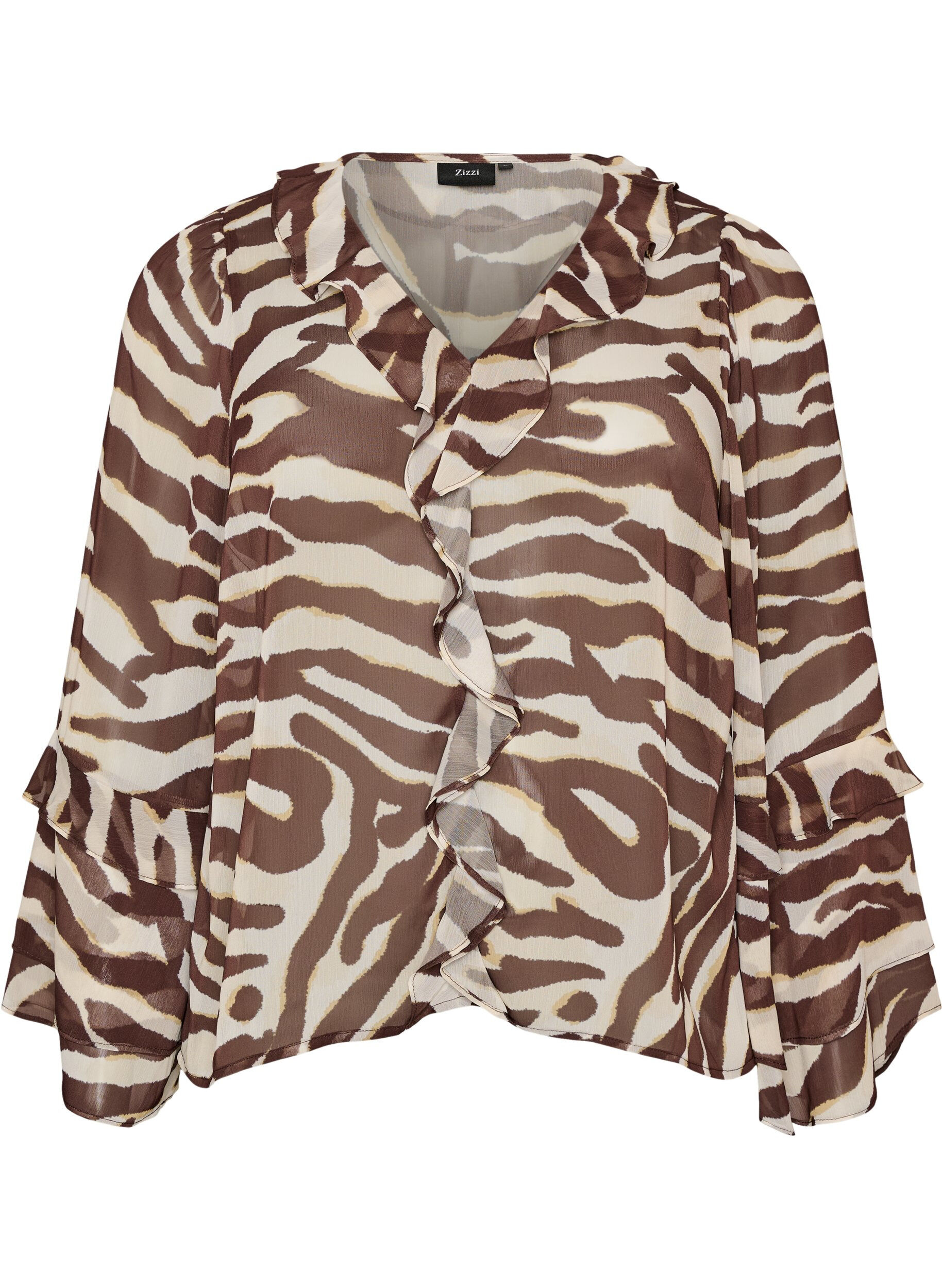 Chiffonbluse med sebratrykk og volanger