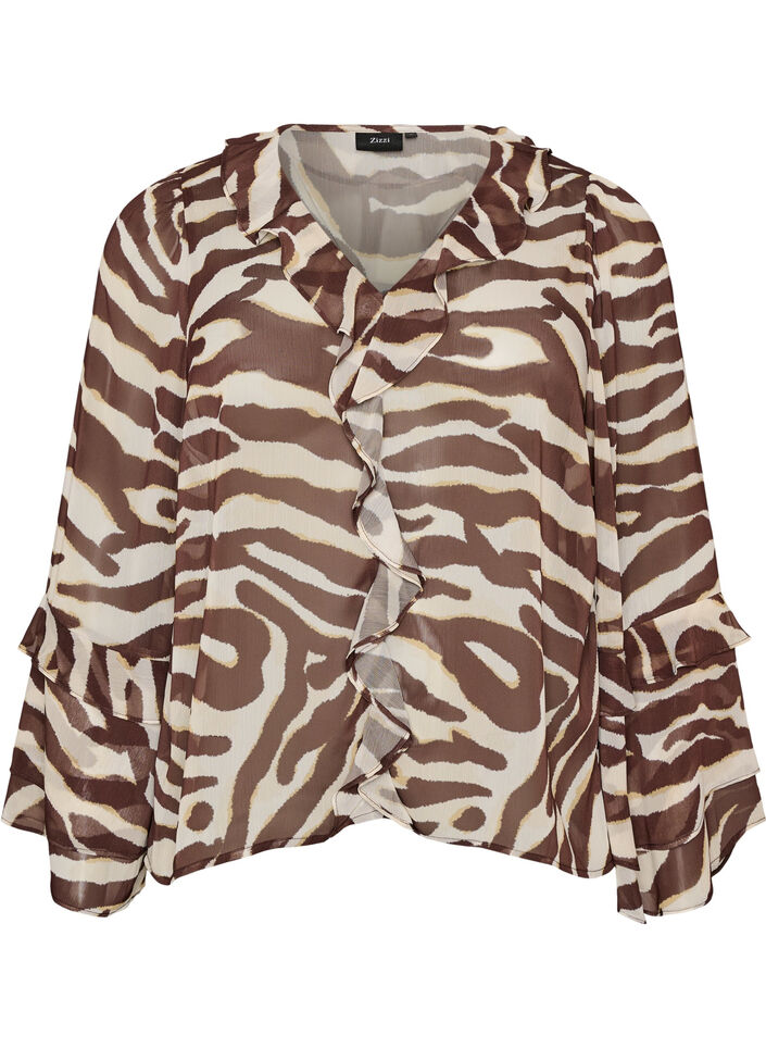 Chiffonbluse med sebratrykk og volanger, Brun, Packshot image number 0