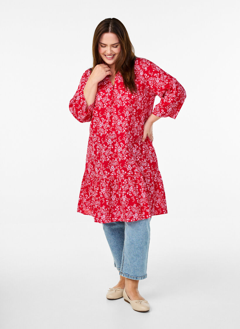 Knelang kjole med blomstertrykk og 3/4 ermer, Salsa AOP, Model