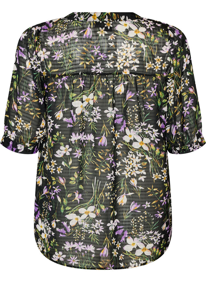 Bluse med blomstertrykk og V-hals, Svart, Packshot image number 1