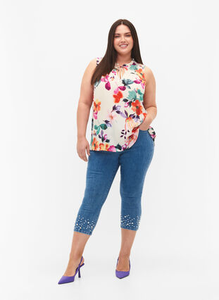 Capribukser i denim med høyt liv og perler, Light blue denim, Model image number 0