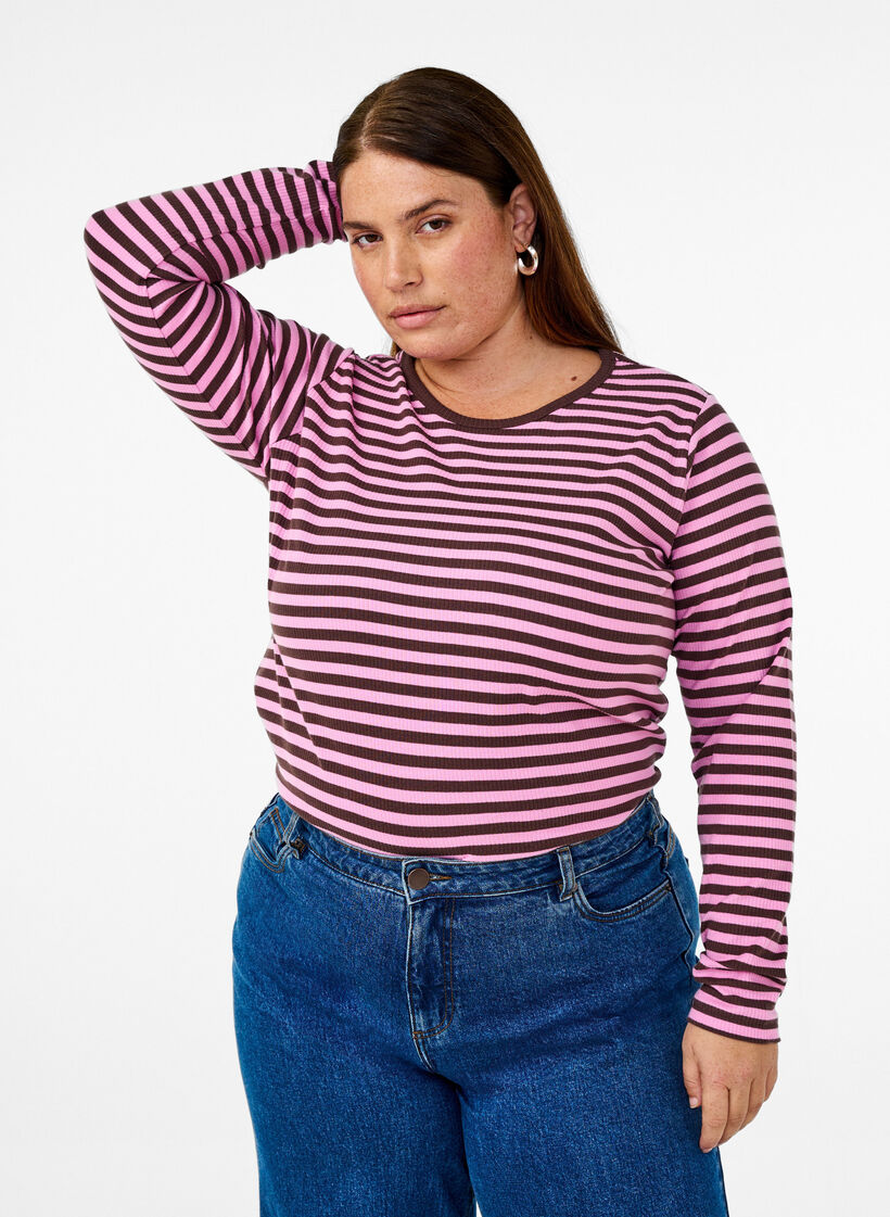 Stripete bluse med lange ermer, Rosa, Model image number 0