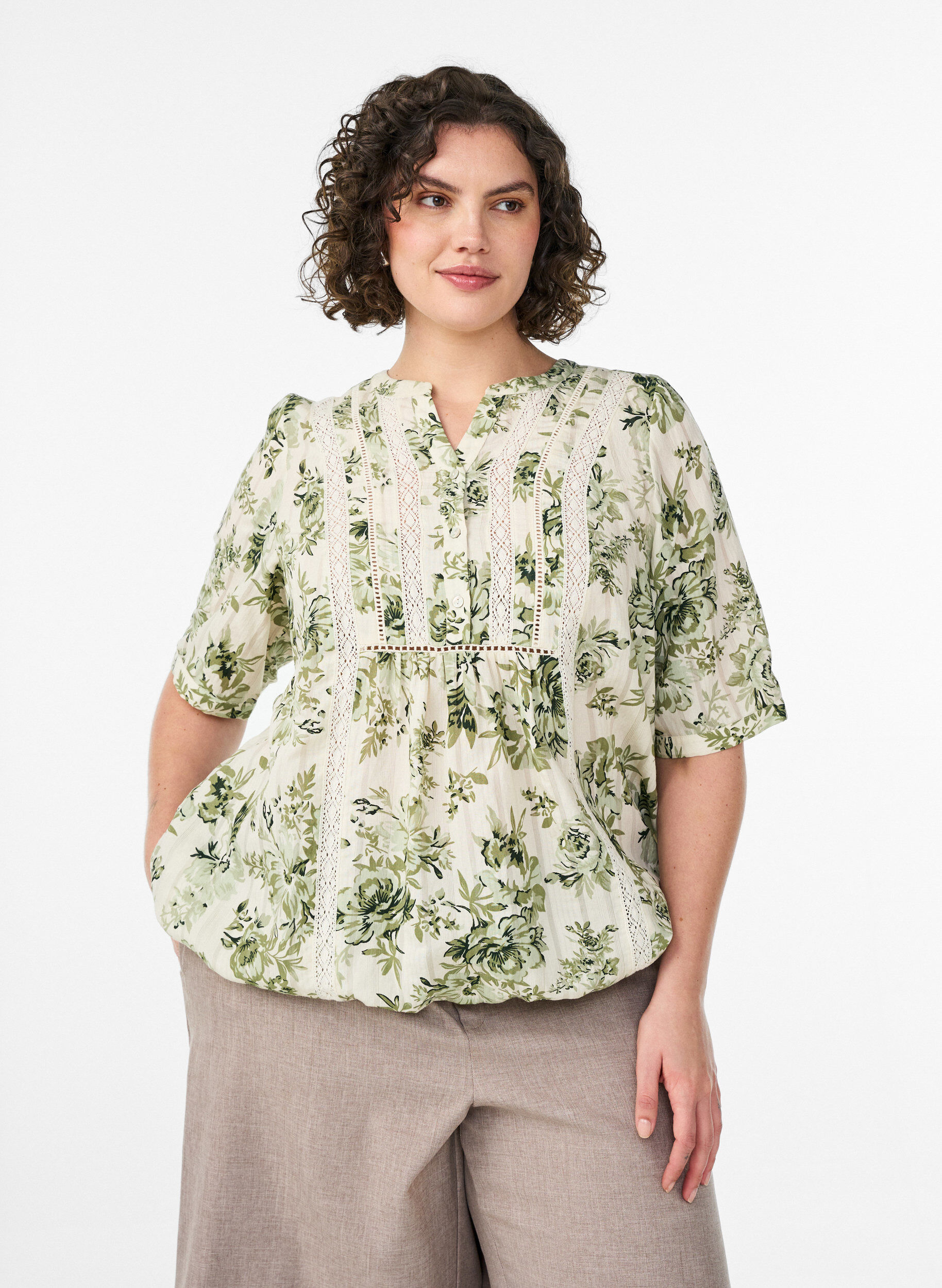 Bluse med trykk og 1/2 ermer, Gr&oslash;nn, Model