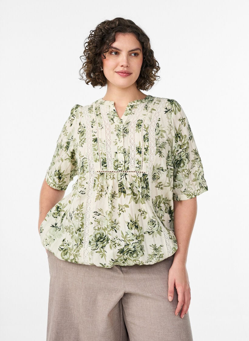 Bluse med trykk og 1/2 ermer, Gr&oslash;nn, Model image number 0