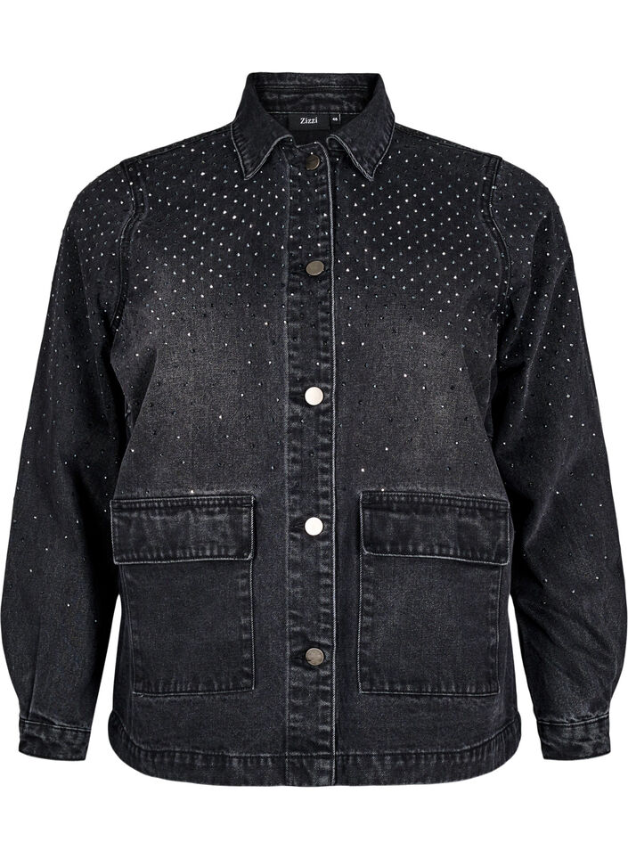 Denimjakke med rhinesteiner og store frontlommer, Grey Denim, Packshot
