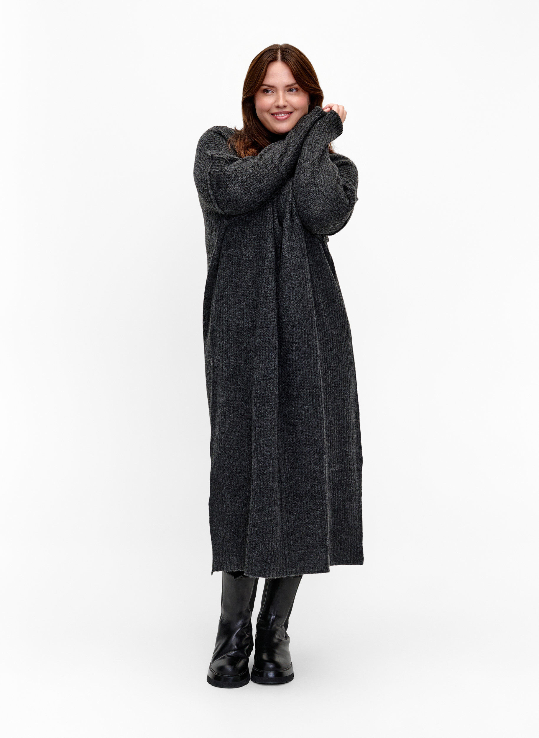 Lang, oversize strikkekjole med glidel&aring;s, Gr&aring;, Model