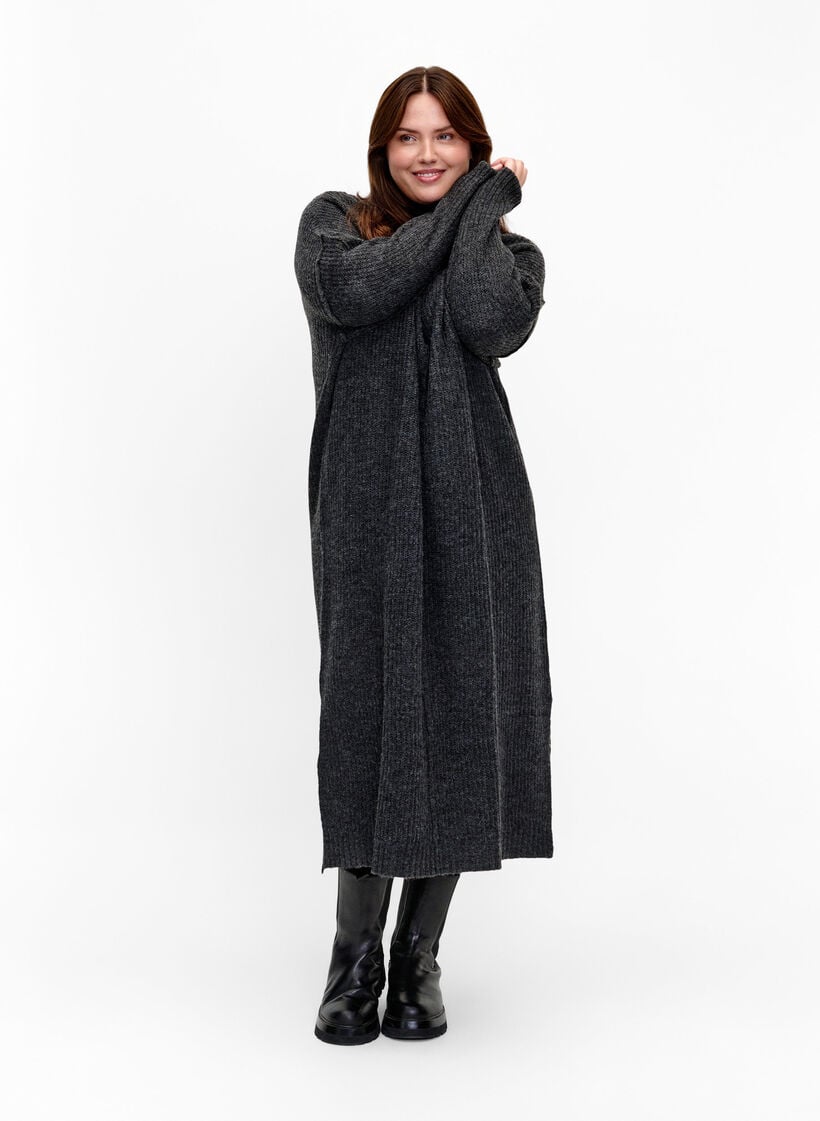 Lang, oversize strikkekjole med glidel&aring;s, Gr&aring;, Model image number 0