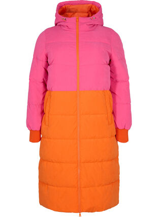 Lang vinterjakke med colorblock, Pink W/Orange, Packshot image number 0