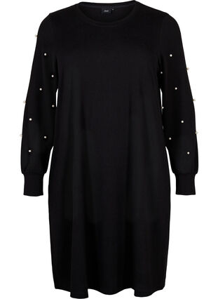 Langermet kjole med perledetaljer, Black, Packshot image number 0