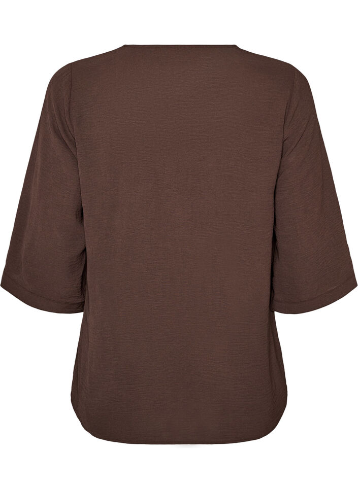 Skjortebluse med v-hals og 3/4 ermer, Brun, Packshot image number 1