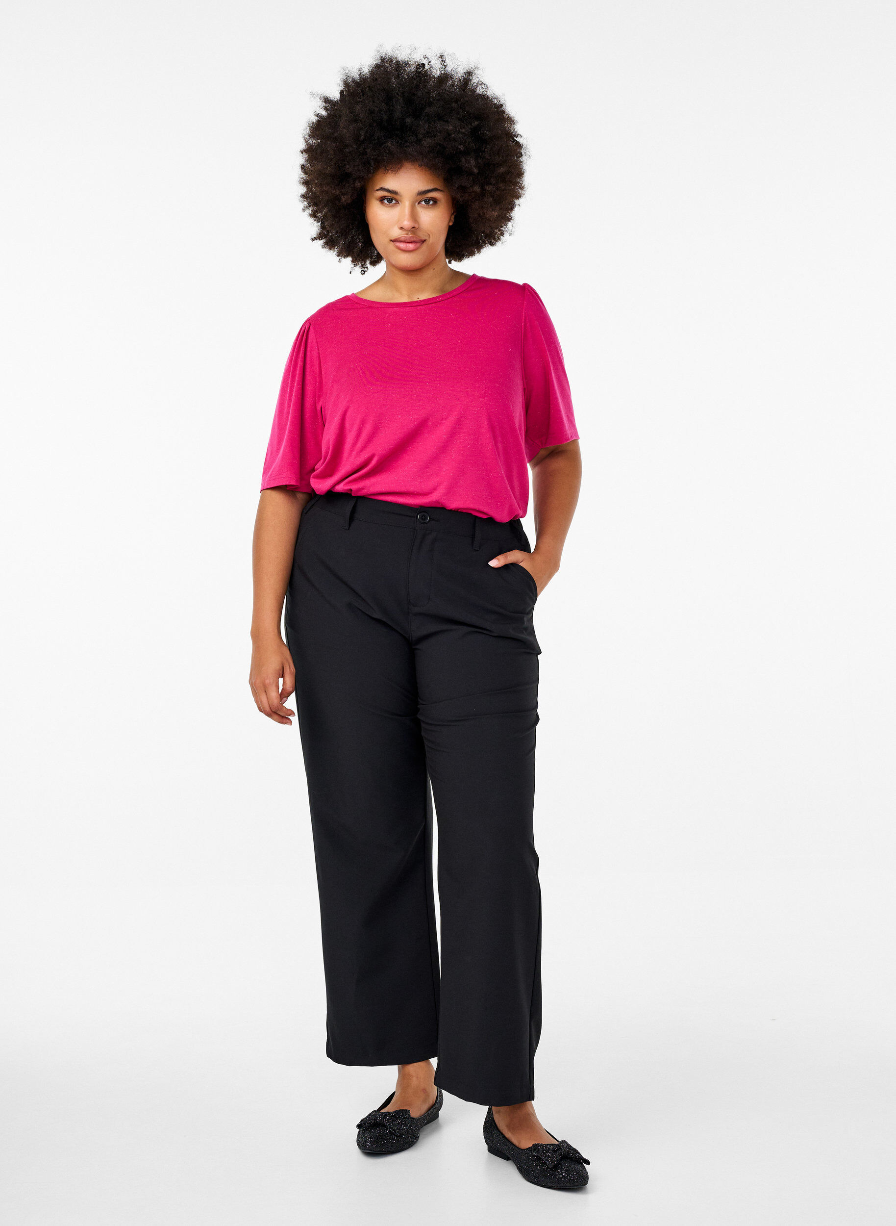 Zizzi T-skjorte med glitter og korte puffede ermer, Rosa, Model image number 1