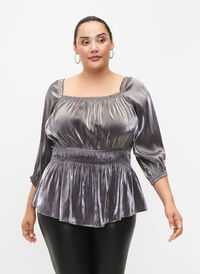 Sølvfarget bluse med 3/4-ermer og smock, Dark Silver, Model
