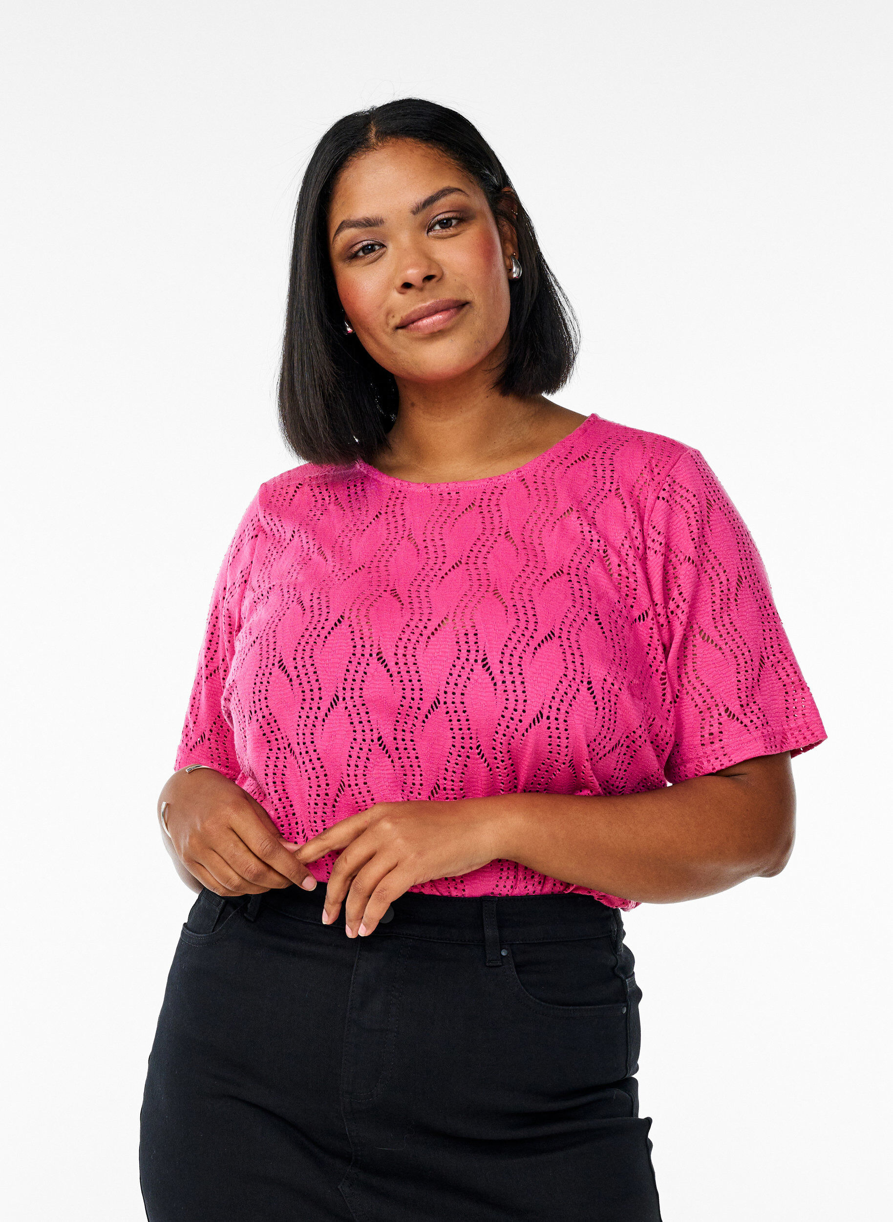 Zizzi Jersey T-skjorte med hullm&oslash;nster, Rosa, Model image number 0
