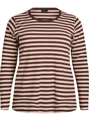 Zizzi Stripete bluse med lange ermer, Chocolate M. Stripe, Packshot image number 0