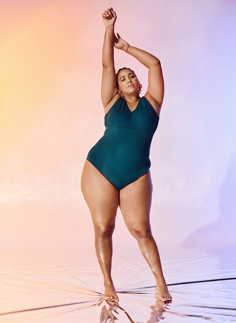 Badedrakt med crepe-struktur og omslagseffekt, Dark Sea, Image image number 0