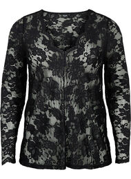 Langermet bluse med blondekant og V-hals, Black