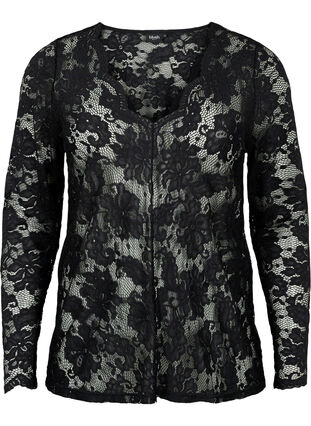 Zizzi Langermet bluse med blondekant og V-hals, Black, Packshot image number 0