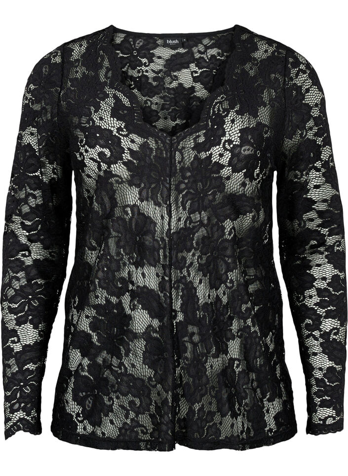 Langermet bluse med blondekant og V-hals, Black, Packshot image number 0