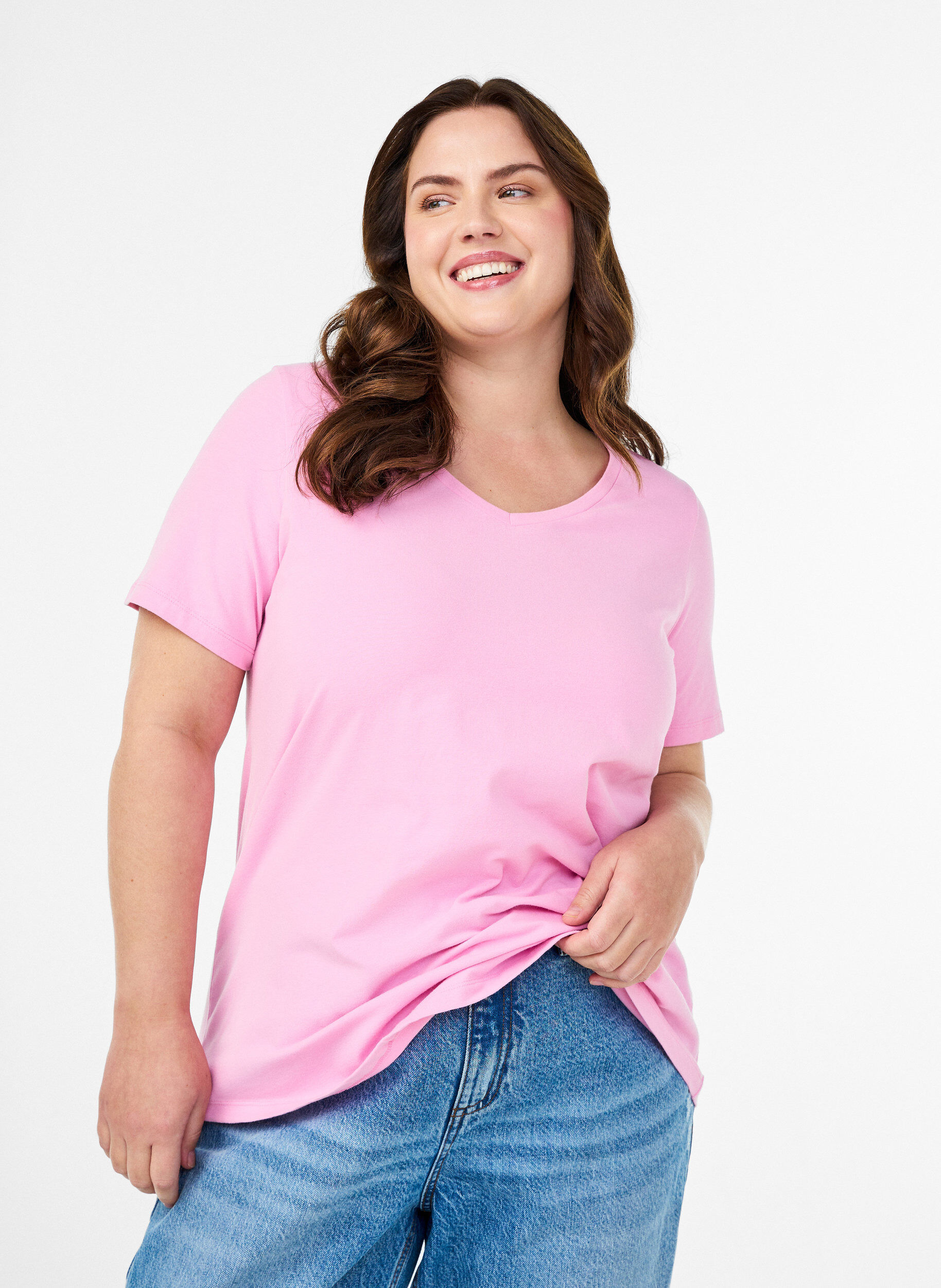 Ensfarvet basic bomulls T-skjorte, Rosa, Model