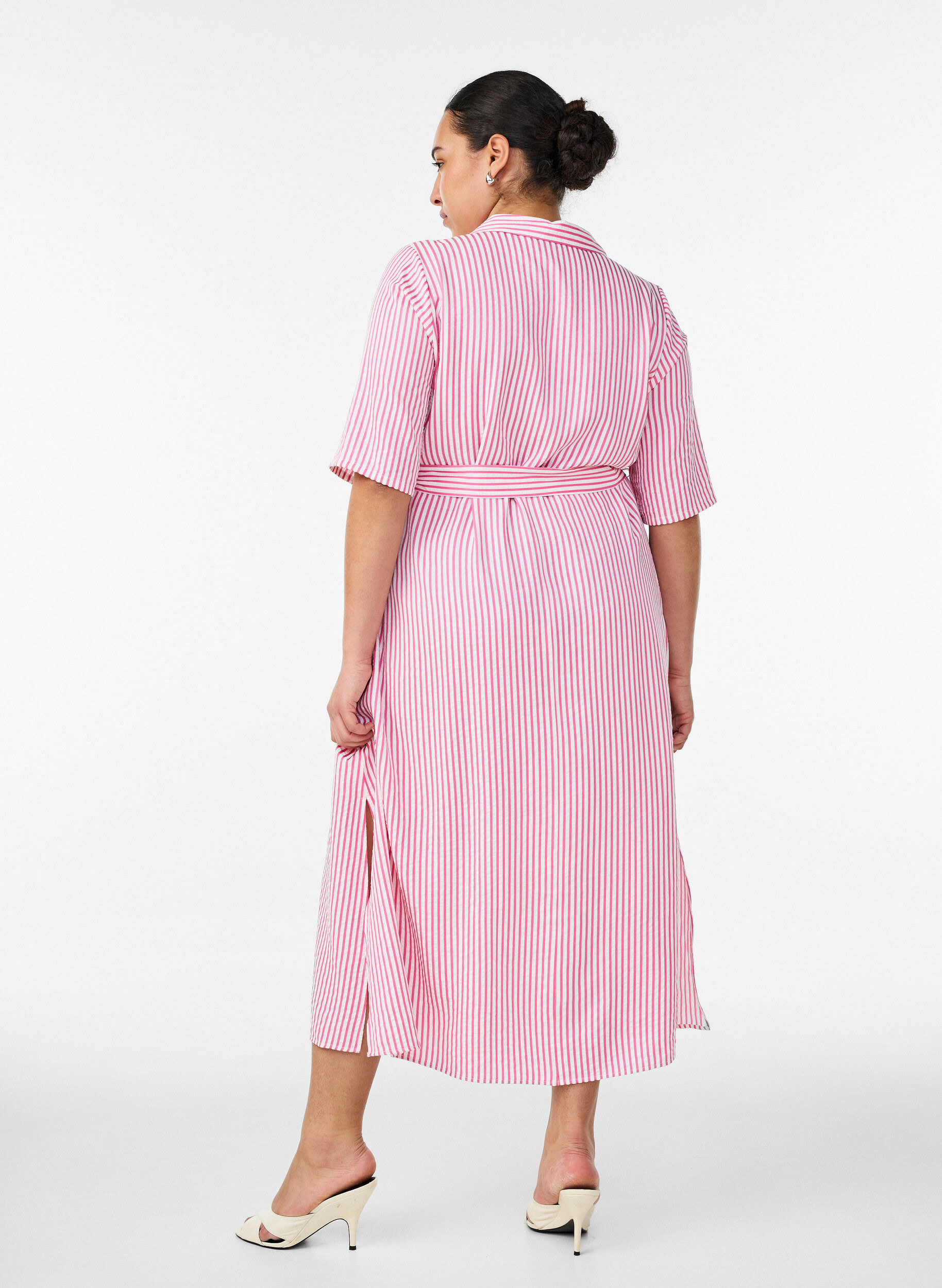 ZizziSkjortekjole i ankellengde med bindebelte og striper, Rosa, Model image number 1