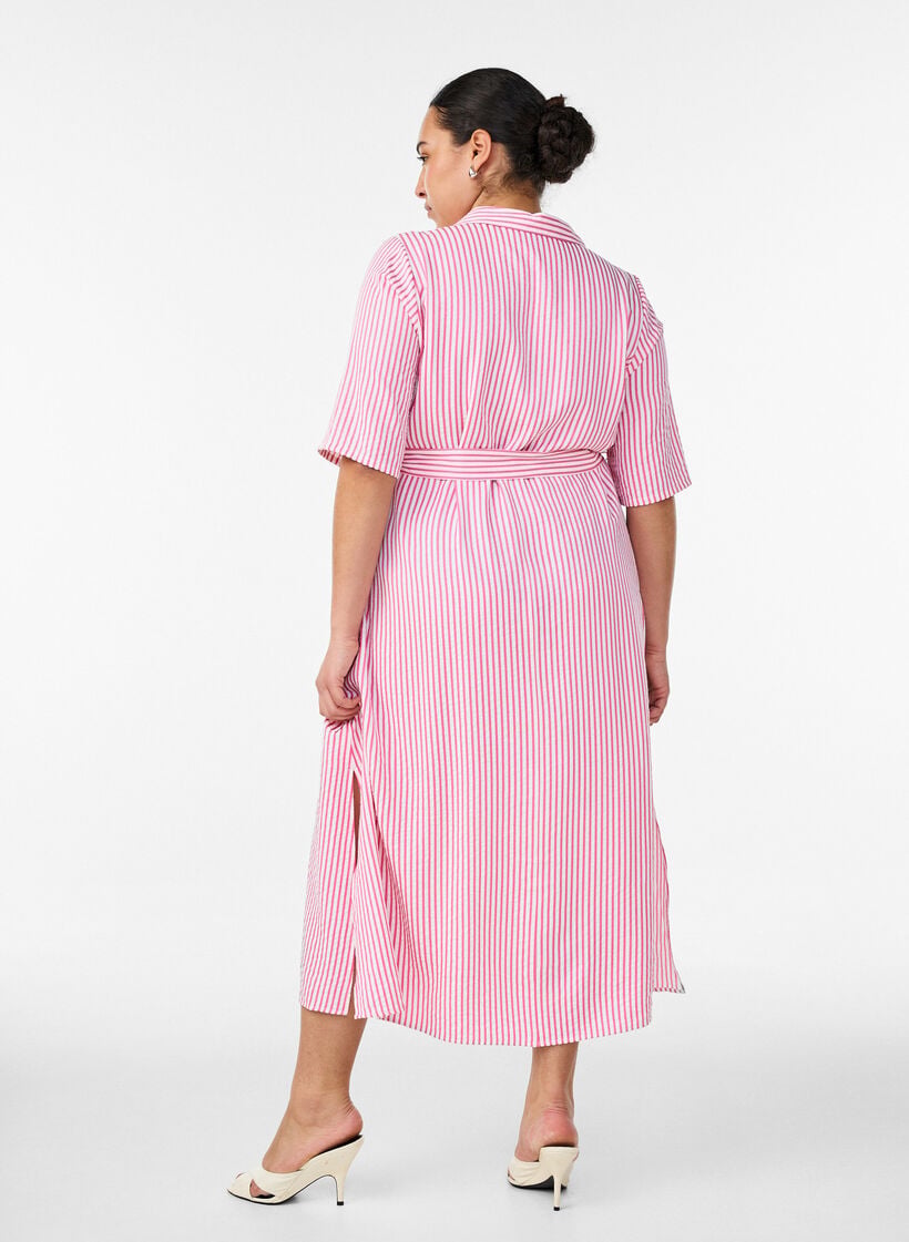 Skjortekjole i ankellengde med bindebelte og striper, Rosa, Model image number 1