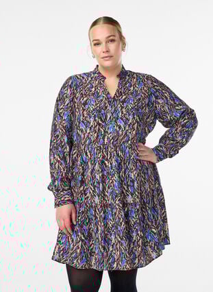 Zizzi A-line kjole med volangkrage, Blå, Model image number 0