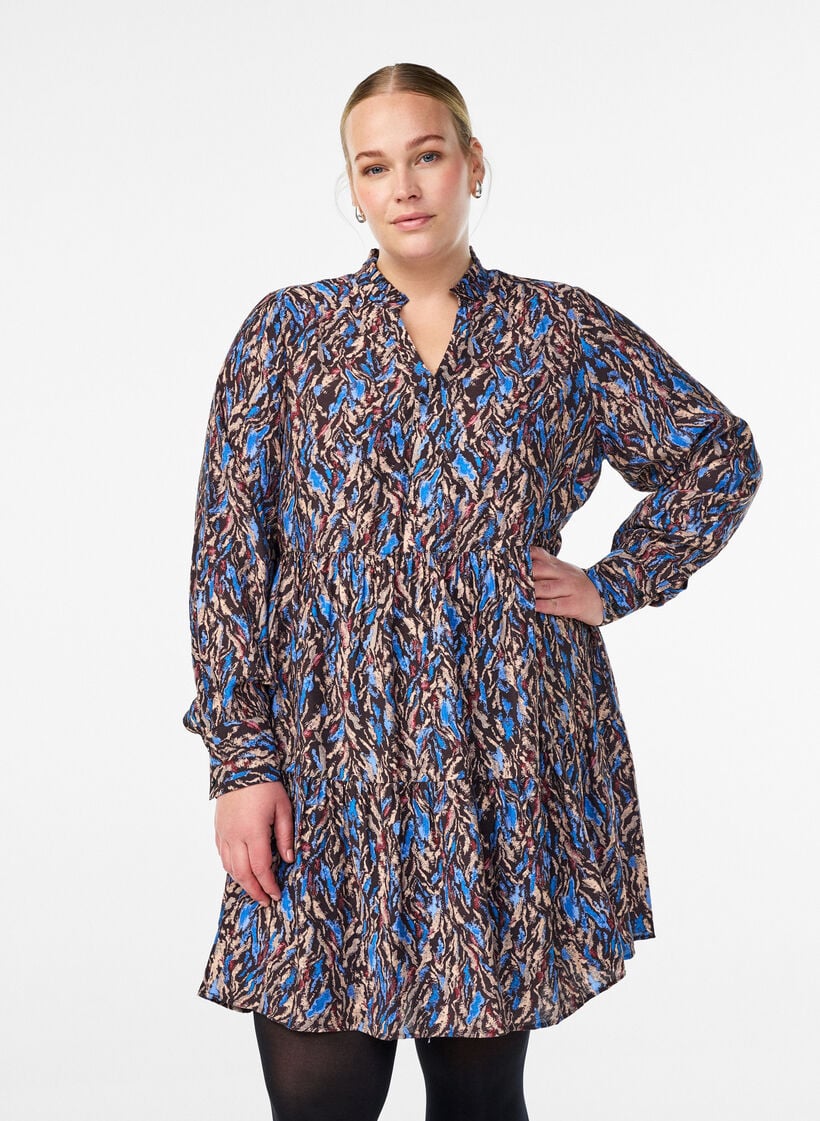 A-line kjole med volangkrage, Blå, Model image number 0