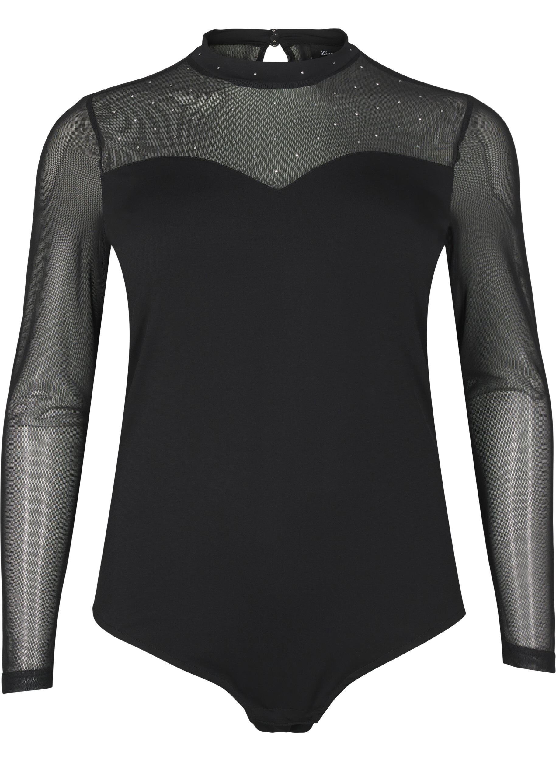 Zizzi Bodystocking med nagler og lange ermer i mesh, Black, Packshot image number 0