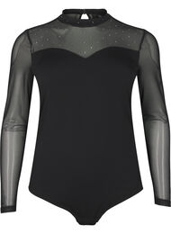 Bodystocking med nagler og lange ermer i mesh, Black
