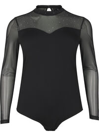 Bodystocking med nagler og lange ermer i mesh, Black Bodystocking med nagler og lange ermer i mesh