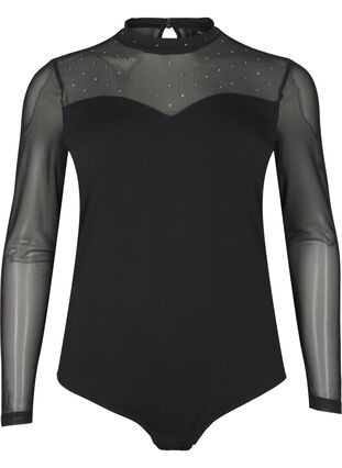 Zizzi Bodystocking med nagler og lange ermer i mesh, Black, Packshot image number 0