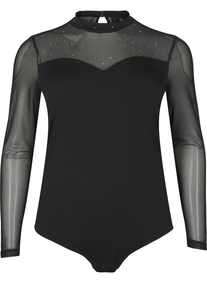 Bodystocking med nagler og lange ermer i mesh, Black, Packshot image number 0