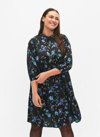 Skjortekjole med 3/4-ermer og blomstertrykk, Blue Flower AOP, Model