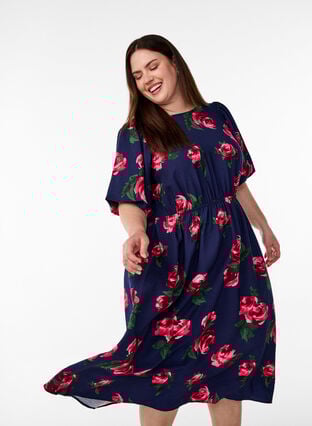 Zizzi Midikjole med rosetrykk og korte ballongermer, Blå, Model image number 3