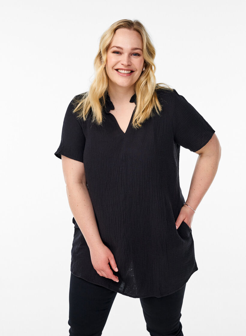 Bomullsmuslin tunika med korte ermer, Svart, Model image number 0
