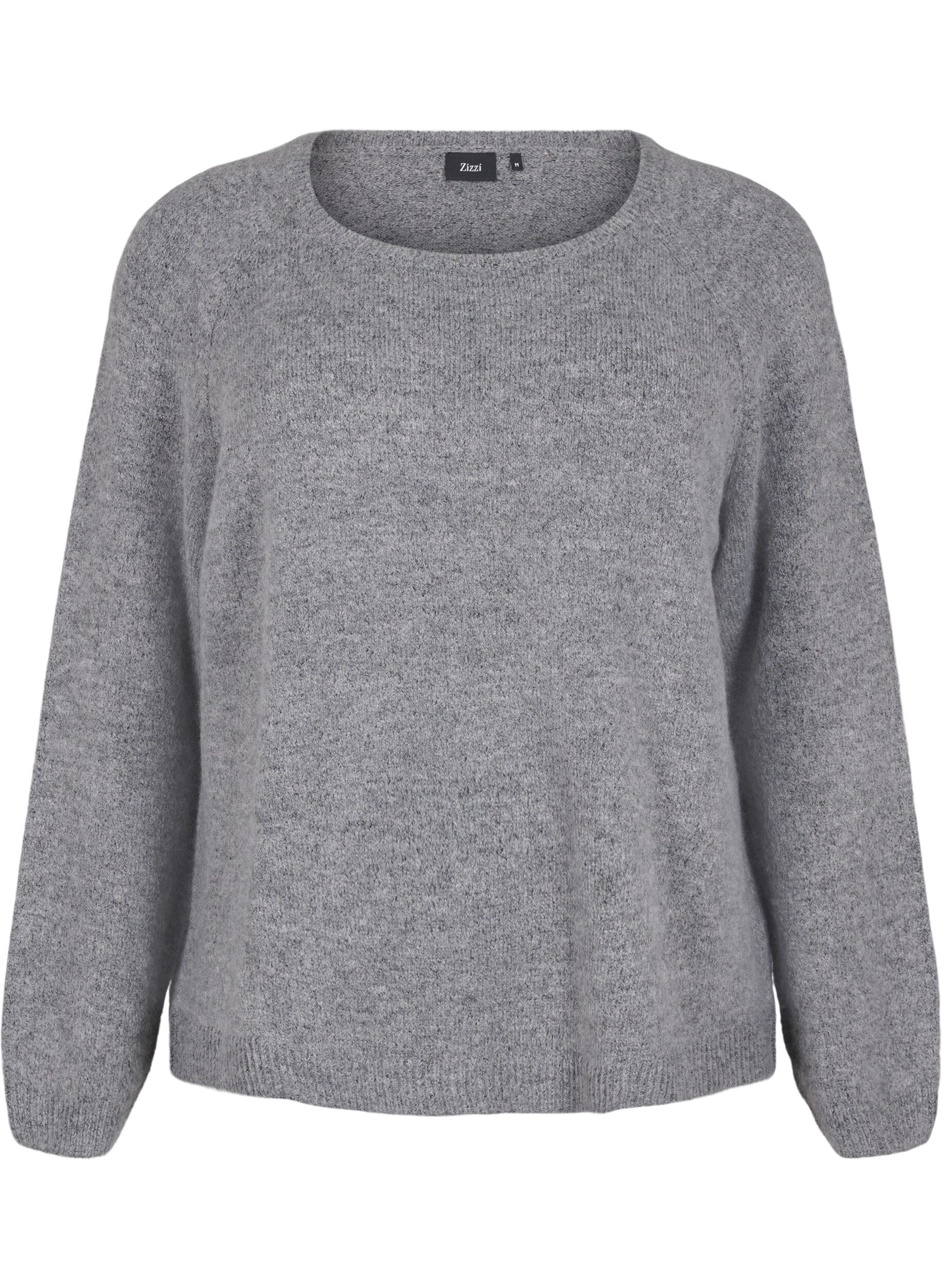 Zizzi L&oslash;stsittende, strikket bluse med rund hals, Medium Grey Melange, Packshot image number 0
