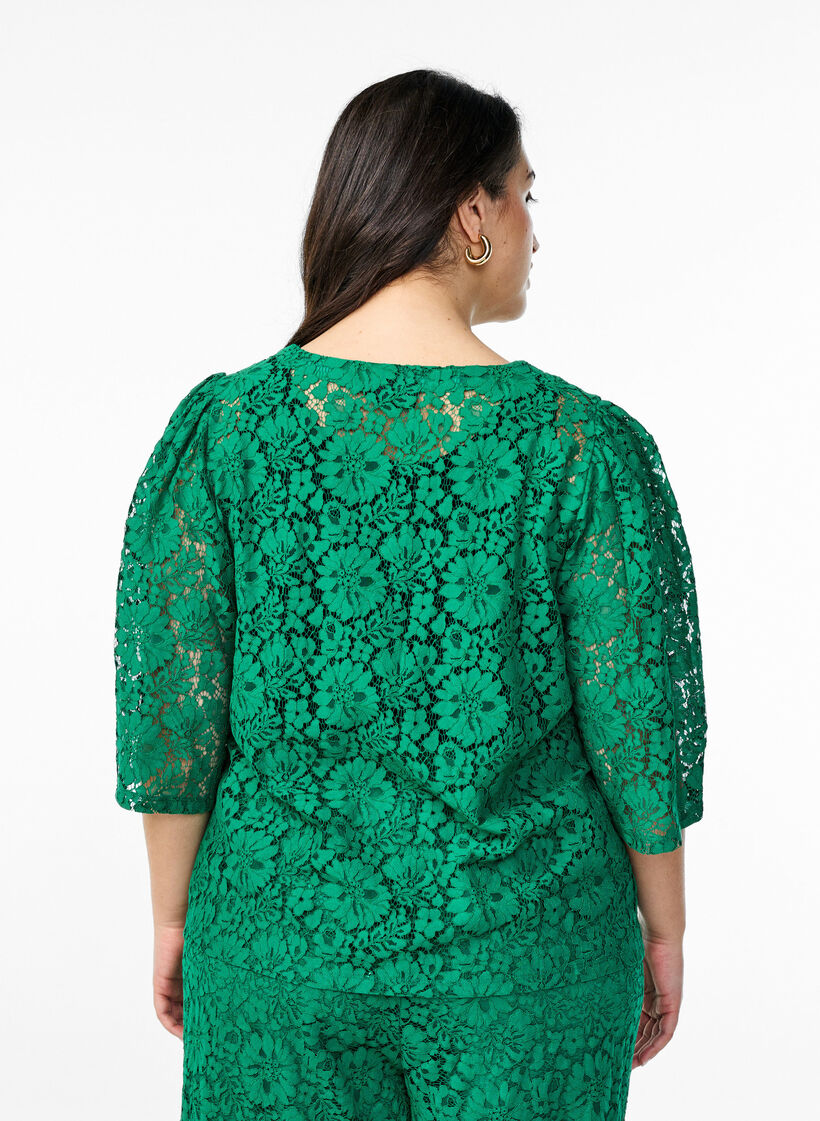 Bluse med blonder, 3/4 ermer og sløyfer foran, Grønn, Model image number 2