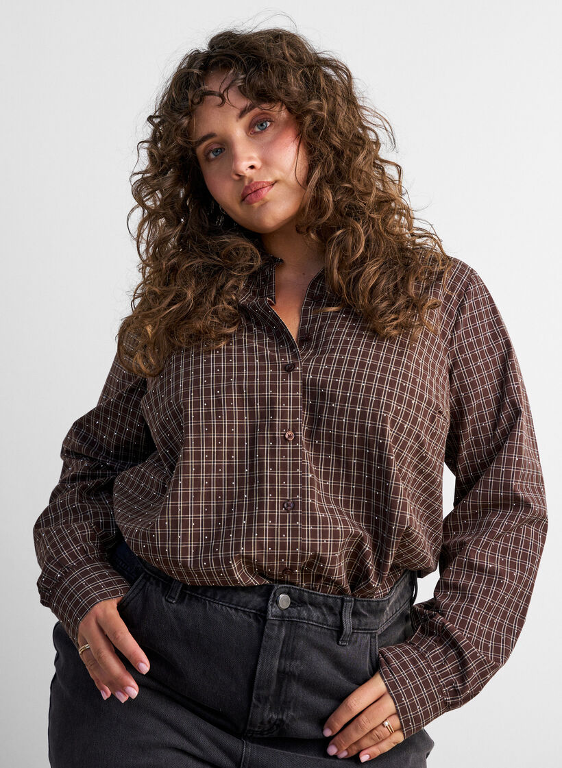 Rutete skjorte med rhinesteiner, Brun, Model image number 0