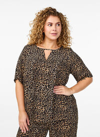 Short sleeve Viscose Bluse med utskrift, Brun Short sleeve Viscose Bluse med utskrift, Brun, Model