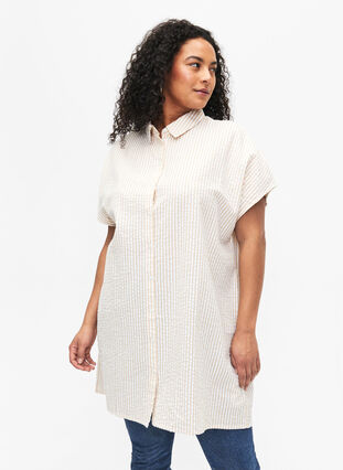 Lang stripete bomullsskjorte, White/Natrual Stripe, Model image number 0